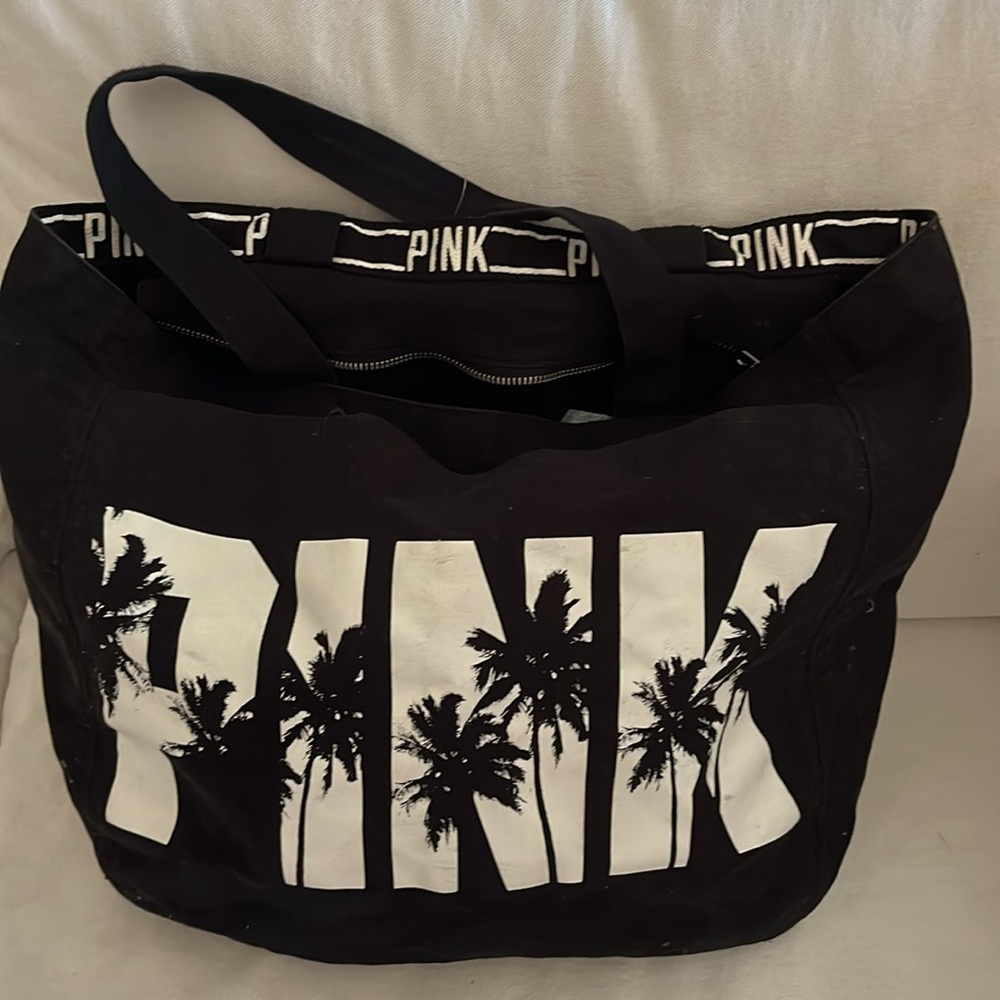 PINK Victoria's Secret  Trendy Black Canvas Tote with white Palm  Design